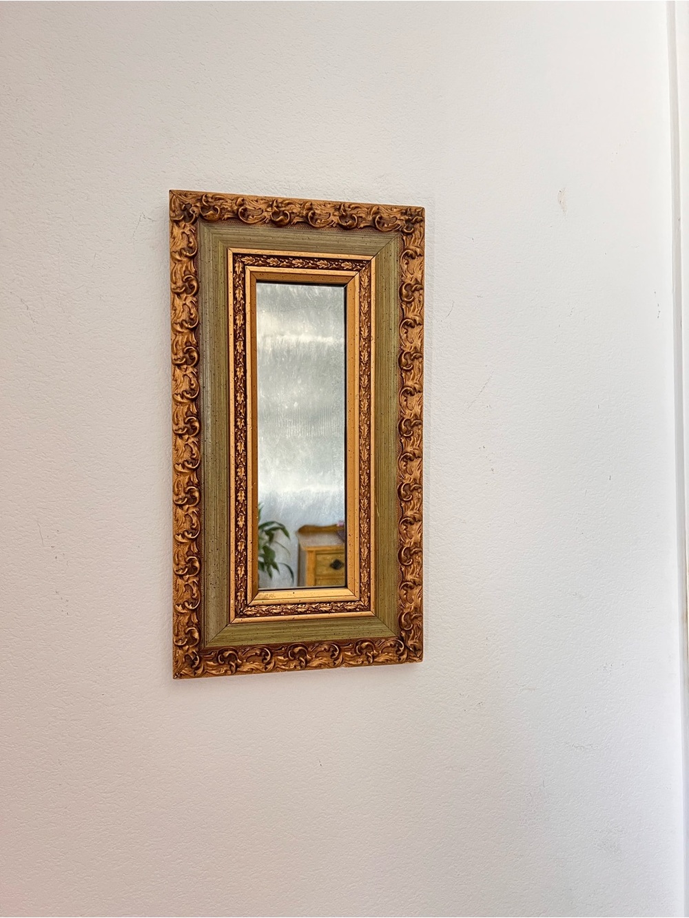 Vintage 1970s American Walnut Mirror Gilt Gold Sage Green Carved Wall Decor